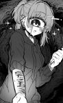  1girl :d absurdres azen_(mntimcczgrtn) bad_id bad_twitter_id blood blush cyclops ear_piercing earrings fang greyscale highres holding holding_knife hood hood_down hoodie jewelry knife looking_at_viewer monochrome one-eyed original piercing self_harm smile solo twintails wrist_cutting 