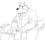  2023 anthro bodily_fluids bottomwear box canid canine canis clothing container domestic_dog fugashi4090 kemono male mammal necktie overweight overweight_male pants shirt solo sweat topwear 