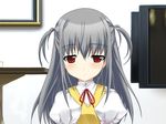  1girl blush flat_chest game_cg grey_hair indoors loli long_hair red_eyes solo 