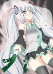  1girl blue_eyes blush cosplay hatsune_miku hatsune_miku_(cosplay) konpaku_youmu konpaku_youmu_(ghost) lilybell long_hair necktie panties silver_hair spring_onion striped striped_panties thighhighs touhou twintails underwear vocaloid 