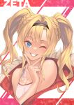  1girl ;d bangs bare_shoulders blonde_hair blue_eyes blush braid breasts character_name cleavage cropped_torso granblue_fantasy grin highres large_breasts long_hair looking_at_viewer looking_back one_eye_closed parted_lips sidelocks sleeveless smile solo teeth tekkai_blade twintails two-tone_background upper_teeth_only v zeta_(granblue_fantasy) 