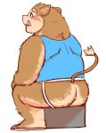  2019 anthro blush brown_fur butt clothing footwear fur jumperbear male mammal sandals shirt simple_background sitting slightly_chubby solo suid suina sus_(pig) white_background wild_boar 