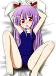  animal_ears arms_up bed_sheet blush bunny_ears kazami_ruku one-piece_swimsuit purple_hair red_eyes reisen_udongein_inaba school_swimsuit solo spread_legs swimsuit touhou 