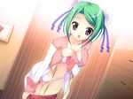  1girl bra fugetsu_taku game_cg green_hair indoors inumimi_berserk lingerie panties solo underwear 
