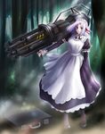  1girl extravaganza game_cg gun maid outdoors red_eyes solo suitcase weapon white_hair 