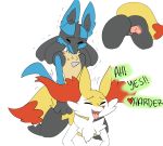  1boy 1girl all_fours animal_ear_fluff animal_ears ass braixen clitoris closed_mouth creatures_(company) disembodied_penis english_text erection fang fox_ears fox_tail from_behind furry game_freak gen_4_pokemon gen_6_pokemon happy_sex heart hetero highres interspecies jpeg_artifacts kneeling knotted_penis lucario mezmaroon multiple_views nintendo no_humans open_mouth penis pokemon pokemon_(creature) pussy sex simple_background smile spoken_heart tail talking tongue tongue_out trembling vaginal white_background wolf_ears 