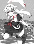  aoi_renji black_ribbon black_serafuku black_skirt blood blood_on_face bloody_clothes hair_flaps hair_ornament hair_ribbon hairclip highres holding kantai_collection long_hair looking_at_viewer messy_hair neckerchief pale_color partially_colored pleated_skirt rain red_eyes red_neckwear remodel_(kantai_collection) ribbon rigging school_uniform serafuku shinkaisei-kan skirt solo torn_clothes yuudachi_(kantai_collection) 