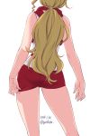  1girl adjusting_clothes adjusting_shorts ass back blonde_hair commentary dated from_behind girls_und_panzer hair_tie head_out_of_frame highres kneepits kuzuryuu_kennosuke long_hair looking_away pantylines ponytail red_shirt red_shorts sasaki_akebi shirt short_shorts shorts sleeveless sleeveless_shirt solo sportswear sweat thighs twitter_username volleyball_uniform 