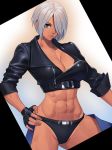  1girl abs angel_(kof) belt black_panties blue_eyes breasts chaps cleavage cowboy_shot cropped_jacket fingerless_gloves gloves hair_over_one_eye hand_on_hip highres jacket leather looking_at_viewer midriff navel ogami panties revealing_clothes short_hair silver_hair simple_background solo standing the_king_of_fighters toned underwear zipper 