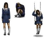  alessa_gillespie artist_request black_hair blue blue_eyes child fetal_position horror_(theme) jpeg_artifacts legs long_hair looking_back messy_hair official_art scar school_uniform shadow shoes silent_hill silent_hill:_shattered_memories silent_hill_1 silent_hill_3 skirt socks swing the_silent_hill_experience 