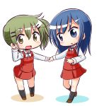  2girls :d :o bangs black_legwear black_ribbon blue_eyes blue_hair blush brown_footwear collared_shirt colored_shadow commentary_request eyebrows_visible_through_hair green_eyes green_hair hair_between_eyes hair_ornament hairclip hand_holding hand_up hidamari_sketch kneehighs long_hair long_sleeves mami_(hidamari_sketch) mole multiple_girls naga_u nakayama_(hidamari_sketch) neck_ribbon open_mouth parted_lips pleated_skirt red_skirt red_vest ribbon school_uniform shadow shirt side_ponytail sidelocks skirt sleeves_past_wrists smile standing standing_on_one_leg v vest white_background white_shirt 