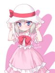  1girl adjusting_headwear bangs blue_eyes blush bow bowtie closed_mouth collared_dress commentary_request dated dress eyebrows_visible_through_hair frilled_dress frills frown girls_und_panzer hat hat_bow hat_ribbon hat_tug highres itsumi_erika kuzuryuu_kennosuke layered_dress long_dress long_hair looking_at_viewer partial_commentary pink_dress red_bow red_neckwear ribbon short_sleeves silver_hair solo standing sun_hat twitter_username white_background white_hat younger 