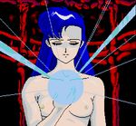  1girl 4bpp 80&#039;s 80's 80s aliasing armor asou_yuuko bangs blue_hair breasts cap eyes_closed game long_hair lowres miniskirt mugen_senshi_valis nipples nude oldschool screencap short_skirt skirt small_areolae small_nipples solo telenet_japan valis 