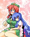  beret blue_dress blue_eyes blue_hair blush dress green_dress harukatron hat hinanawi_tenshi hong_meiling hug kneeling long_hair multiple_girls red_eyes red_hair sitting tears touhou trembling yuri 