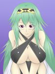  agarest_senki agarest_senki_(series) breasts cleavage criss-cross_halter dyshana gradient gradient_background green_hair halter_top halterneck large_breasts long_hair mebusu record_of_agarest_war red_eyes solo 