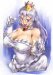  breasts brooch cleavage dress gloves highres jewelry large_breasts princess_king_boo purple_eyes purple_tongue shino_(2919) super_crown white_dress white_gloves white_hair 