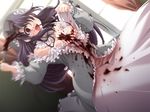  1girl :d black_hair blood blood_on_face bloody_clothes breasts crazy_smile dress empty_eyes game_cg knife long_hair nipples no_bra open_mouth red_eyes smile solo tearing_clothes tears torn_clothes yandere 