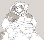  2018 anthro belly blush bulge canid canine clothing gyobu hat humanoid_hands jumperbear male mammal moobs nipples one_eye_closed raccoon_dog scar simple_background solo tanuki tattoo tokyo_afterschool_summoners underwear video_games wink 