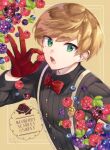  1623 1boy black_shirt blackberry_(fruit) blonde_hair collared_shirt dankira!!! food fruit gloves green_eyes holding holding_food holding_fruit looking_at_viewer male_focus miki_nozomu mole mole_under_eye open_mouth raspberry red_gloves shirt short_hair solo suspenders yellow_background 