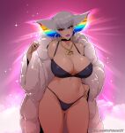  1girl aura bare_shoulders bikini black_bikini breasts chain cleavage coat earrings evil_smile fur_coat gold_chain gold_necklace highres hood hooded_coat hoop_earrings huge_breasts jewelry kill_la_kill kiryuuin_ragyou large_breasts long_hair long_sleeves looking_at_viewer mature_female multicolored_hair navel necklace nofuture open_clothes open_coat patreon_username rainbow_hair red_eyes short_hair smile solo swimsuit thighs white_coat white_hair 