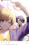  1623 2boys blonde_hair brown_eyes cup dankira!!! green_eyes highres holding holding_cup instagram long_hair looking_at_viewer miki_nozomu minamoto_mitsukuni mole mole_under_eye multiple_boys ok_sign ponytail purple_hair selfie short_hair 