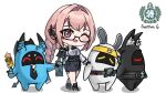  1girl armor asaba_harumasa asaba_harumasa_bangboo black_footwear black_gloves black_skirt blush breasts chibi dress_shirt full_body glasses gloves hair_between_eyes high-waist_skirt high_heels highres hoshimi_miyabi hoshimi_miyabi_bangboo large_breasts looking_at_viewer one_eye_closed open_mouth pencil_skirt pink_eyes pink_hair sagle shirt shoulder_armor sidelocks skirt smile soukaku_(zenless_zone_zero) soukaku_bangboo tsukishiro_yanagi white_shirt zenless_zone_zero 