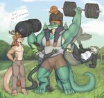  abs annoyed anthro antlers athletic athletic_male barefoot biceps bottomwear carrying claws clothing comic crown day docfurpanic dragon embrace english_text exercise falling fangs feet fin fish focused gecko group grumpy hand_on_hip happy hi_res horn hug kyukyu lizard looking_at_another male male/male mane marine meadow muscular muscular_male pecs piggyback plant prince prince_borgon reptile royalty scalie shark shey_(fayinga) shirtless shorts silly size_difference smile speech_bubble sun tail tail_tuft teeth text tight_bottomwear tight_clothing tight_shorts training training_weights tree triceps tuft weights wings workout workout_clothing 