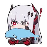  ! 1girl alpha_(pgr) animal bright_pupils chibi chibi_only chinese_commentary commentary_request euyueuy fish grey_eyes hair_ornament heterochromia holding holding_animal holding_fish long_hair lowres narwhal nibbling official_art punishing:_gray_raven red_eyes simple_background solo white_background white_hair white_pupils 