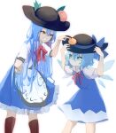  2girls absurdres bangs black_headwear blue_bow blue_dress blue_eyes blue_hair blue_skirt bow bowtie cirno collared_shirt dress feet_out_of_frame food fruit grin hair_bow hands_on_headwear highres hinanawi_tenshi long_hair looking_at_another mikan_(manmarumikan) multiple_girls peach pinafore_dress red_bow red_bowtie red_eyes shirt short_hair short_sleeves simple_background skirt smile standing touhou white_background white_shirt 