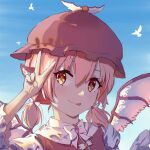  1girl :p absurdres bird blue_sky day eyebrows_hidden_by_hair hair_between_eyes hand_up hat highres kulomi light_blush looking_at_viewer low_twintails medium_hair mob_cap mystia_lorelei portrait seagull short_twintails sky solo tongue tongue_out touhou twintails upper_body v wings 