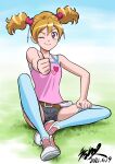  1girl bangs belt blonde_hair blue_socks blush commentary_request fresh_precure! grass grey_shorts highres kagawa_hisashi kneehighs long_hair momozono_love one_eye_closed pink_eyes precure shoes shorts sitting smile sneakers socks solo tank_top thumbs_up twintails 