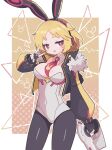  1girl :3 :d aged_up animal_ears animal_print ass_visible_through_thighs black_gloves black_jacket blonde_hair blush body_blush border breasts brown_background cleavage collarbone covered_navel cropped_jacket demon_girl detached_collar disgaea disgaea_rpg fingerless_gloves fur-trimmed_jacket fur_trim future_usalia_(disgaea) gloves gradient_background gun handgun highres holding holding_gun holding_weapon jacket leotard long_sleeves looking_at_viewer makai_senki_disgaea_5 multicolored_clothes multicolored_jacket necktie open_clothes open_jacket open_mouth pantyhose playboy_bunny polka_dot polka_dot_background rabbit_earmuffs rabbit_ears rabbit_girl rabbit_print red_eyes red_necktie science_fiction shiny_skin short_eyebrows short_hair smile solo strapless strapless_leotard suaman tactical_playboy_bunny thick_eyebrows two-tone_jacket usalia_(disgaea) v weapon white_border white_leotard yellow_jacket 