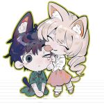  1boy 1girl ;&lt; akasasachii animal_ear_fluff animal_ears black_hair black_ribbon black_tail brown_footwear brown_hair brown_tail cat_boy cat_ears cat_girl cat_tail chibi chibi_only closed_eyes closed_mouth fear_&amp;_hunger_(series) fear_&amp;_hunger_2:_termina green_jumpsuit hand_on_another&#039;s_face hashtag-only_commentary hetero highres jumpsuit kemonomimi_mode kneeling levi_(fear_&amp;_hunger) licking licking_another&#039;s_face long_hair long_sleeves marina_(fear_&amp;_hunger) mary_janes neck_ribbon outline own_hands_together pink_skirt ribbon shirt shoes short_hair skirt socks tail tongue tongue_out white_background white_shirt white_socks yellow_outline 