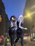  2girls ass black_hair blonde_hair blue_eyes breasts brown_eyes cindy_moon gwen_stacy highres hood huge_ass looking_back marvel mask mouth_mask multicolored_hair multiple_girls new_york_city non-web_source photo_background silk_(marvel) small_breasts spider-gwen spider-man_(series) spider-verse synchra thick_eyebrows thick_thighs thighs thumbs_up traffic_light 