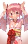  1girl arms_up bangs blush bunny_pose closed_mouth cocoa_(ultra_mdk) crossed_bangs dot_nose floral_print gradient gradient_background hair_between_eyes hair_ribbon han&#039;eri highres japanese_clothes kaname_madoka kaname_madoka_(haregi_ver.) kimono long_sleeves looking_at_viewer magia_record:_mahou_shoujo_madoka_magica_gaiden mahou_shoujo_madoka_magica obi obiage official_alternate_costume pink_background pink_eyes pink_hair pink_kimono print_kimono red_ribbon ribbon sash short_hair sidelocks simple_background smile solo split_mouth twintails upper_body vertical-striped_sash white_background yellow_sash 