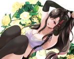  1girl armpits arms_up bangs black_gloves black_hair black_thighhighs bracer breasts cleavage elbow_gloves final_fantasy final_fantasy_vii final_fantasy_vii_remake fingerless_gloves flower from_side gloves large_breasts lips long_hair looking_at_viewer low-tied_long_hair lying on_back parted_lips red_eyes rose shoji_sakura solo suspenders swept_bangs tank_top thighhighs tifa_lockhart white_tank_top 