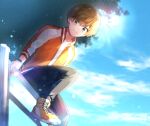 1623 1boy blue_sky closed_mouth cloud cloudy_sky dankira!!! fence green_eyes jacket light_brown_hair long_sleeves looking_at_viewer looking_down male_focus miki_nozomu mole mole_under_eye orange_jacket short_hair sitting_on_fence sky smile solo workout_clothes 