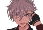  1boy black_collar black_gloves blonde_hair collar collared_shirt ensemble_stars! fingerless_gloves gloves grey_hair hair_between_eyes hand_on_own_face heidbd idol long_sleeves looking_at_viewer microphone ogami_koga one_eye_closed open_mouth portrait shirt short_hair smile white_background 