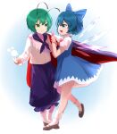  2girls :d absurdres antennae bangs black_cape black_footwear blue_eyes blue_hair cape cirno closed_mouth detached_wings full_body green_eyes green_hair highres ice ice_wings long_sleeves looking_at_another mikan_(manmarumikan) multiple_girls open_mouth shirt short_hair smile socks touhou white_shirt white_socks wings wriggle_nightbug 