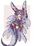  1girl :3 :d arm_behind_head border brown_background choker collarbone desco_(disgaea) disgaea dress extra_eyes gloves hair_between_eyes highres horns jingle_bell_earrings jitome looking_at_viewer makai_senki_disgaea_4 monster_girl pointy_ears polka_dot polka_dot_background purple_dress purple_hair purple_tail red_eyes red_gloves ringed_eyes short_hair slit_pupils smile solo suaman tail tentacles thighhighs white_border 