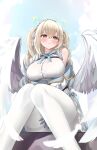  1girl absurdres angel angel_wings between_legs blonde_hair breasts button_gap chest_belt closed_mouth daran9 dress feathered_wings from_below hair_between_eyes halo hand_between_legs highres large_breasts light_brown_hair long_hair looking_at_viewer nanase_eru pantyhose pointy_ears pout sitting thighband_pantyhose two_side_up varium virtual_youtuber white_pantyhose wings 