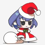  1girl :| blue_hair blush_stickers bow bow_earrings capelet chibi closed_mouth dress earrings full_body hat highres holding holding_sack hololive hololive_english jewelry loen medium_hair meme ouro_kronii padoru_(meme) red_capelet red_dress sack santa_dress santa_hat simple_background smol_kronii solo virtual_youtuber white_background 