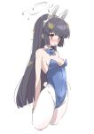  1girl absurdres animal_ears black_hair blue_archive blue_bow blue_bowtie blue_leotard blush bow bowtie breasts cropped_legs detached_collar fake_animal_ears fake_tail halo highres leaf leaf_on_head leotard long_hair miyu_(blue_archive) nipples ocha_(popopogg) open_mouth pantyhose playboy_bunny rabbit_ears rabbit_tail red_eyes simple_background small_breasts solo tail white_background white_pantyhose 