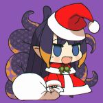  1girl :d blue_eyes blush_stickers capelet chibi dress empty_eyes fang full_body hat highres holding holding_sack hololive hololive_english loen long_hair looking_at_viewer meme ninomae_ina&#039;nis padoru_(meme) pointy_ears purple_background purple_hair red_capelet red_dress sack santa_dress santa_hat simple_background smile solo standing tentacles virtual_youtuber 