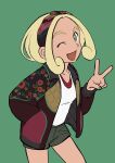  1girl ;d alternate_costume blonde_hair brown_jacket commentary cowboy_shot elizabeth_(tomas21) green_background green_eyes green_nails green_shorts hairband hand_in_pocket hand_up highres jacket looking_at_viewer nail_polish one_eye_closed open_clothes open_jacket open_mouth pokemon pokemon_(game) pokemon_xy shirt shorts sidelocks simple_background smile solo v viola_(pokemon) white_shirt 