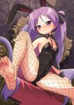  1girl :3 animal_ears armpits bangs black_cape black_leotard black_ribbon blush breasts cape chair closed_mouth covered_navel dot_nose dutch_angle fake_animal_ears fishnets foot_out_of_frame furrowed_brow hair_ribbon hand_on_own_leg highres hiiragi_kagami hotaru_iori indoors leg_up leotard long_hair looking_at_viewer lucky_star purple_eyes purple_hair rabbit_ears ribbon sitting small_breasts solo split_mouth spread_legs straight_hair strapless strapless_leotard sweatdrop tsurime twintails very_long_hair wrist_cuffs 