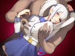  1boy 1girl absurdres arm_up biting blush breast_grab breasts covered_nipples dark-skinned_male dark_skin grabbing hetero highres large_breasts lip_biting migu_(iws2525) nipple_tweak original red_background red_eyes skirt sweatdrop thigh_strap thighs twintails white_hair 