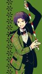  1623 1boy brown_eyes candy candy_cane dankira!!! food formal green_background green_suit holding holding_candy holding_candy_cane holding_food long_hair long_sleeves looking_at_viewer looking_back male_focus miki_nozomu mole mole_under_eye ponytail purple_hair smile solo suit 