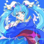 1girl bangs blue_bow blue_cape blue_eyes blue_hair bow cape commentary_request cure_sky earrings gloves grin highres hirogaru_sky!_precure jewelry long_hair magical_girl pink_bow precure single_sidelock smile solo sora_harewataru sorashinakei_k twintails very_long_hair white_gloves wing_hair_ornament 