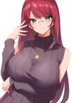  1girl absurdres bangs blush breasts clothing_cutout earrings glasses green_eyes haneramu highres jewelry large_breasts long_hair long_sleeves looking_at_viewer necklace original red_hair round_eyewear shoulder_cutout smile solo swept_bangs white_background 